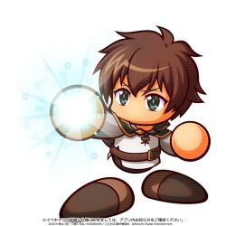  1boy artist_request belt black_pants brown_belt brown_hair brown_shoes copyright_notice glowing glowing_hand green_eyes jikkyou_powerful_pro_yakyuu jikkyou_powerful_pro_yakyuu_(style) jikkyou_powerful_soccer kono_subarashii_sekai_ni_shukufuku_wo! no_mouth official_art outstretched_arm pants rayman_limbs satou_kazuma shirt shoes short_hair solo translation_request white_background white_shirt 