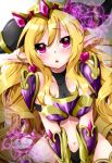  1girl blonde_hair blush breasts earrings heart heart_earrings horns jewelry long_hair looking_at_viewer myutsusama navel open_mouth pink_eyes pointy_ears puzzle_&amp;_dragons solo tiara very_long_hair 