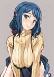  1girl apron blue_hair blush breasts green_eyes grey_background gundam gundam_build_fighters haro_button_badge iori_rinko large_breasts lips lipstick long_hair looking_at_viewer makeup ponytail ribbed_sweater simple_background smile solo sweater tonbo turtleneck turtleneck_sweater 