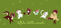  bird bow cat chao_(unico) character_request closed_mouth commentary_request eyelashes fox full_body green_background hekate_(ribbon_no_kishi) hi_no_tori hi_no_tori_(character) highres jungle_taitei lion no_humans open_mouth red_bow red_eyes ribbon_no_kishi shie-k signature unico unico_(character) 