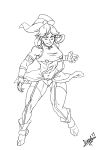  1girl abs ankle_boots avatar:_the_last_airbender boots breasts crop_top diepod fighting_stance fingerless_gloves fusion garter_straps gloves hair_rings highres kamui_(kill_la_kill) kill_la_kill korra legend_of_korra lineart long_hair matoi_ryuuko midriff monochrome navel ponytail smile solo suspenders thighhighs underboob 