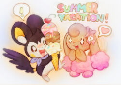  ! +_+ :d alternate_color bandana black_fur blue_bandana bow bright_pupils brown_eyes brown_fur buneary cherry doekis emolga flying_squirrel food fruit full_body heart ice_cream_cone looking_at_object open_mouth pink_bow pink_fur pokemon pokemon_(creature) pokemon_focus rabbit shiny_pokemon simple_background smile spoken_heart squirrel standing two-tone_fur white_fur white_pupils yellow_background 