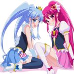  2girls black_legwear blue_eyes blue_hair boots bow brooch cure_lovely cure_princess earrings hair_ornament happinesscharge_precure! heart_hair_ornament jewelry long_hair magical_girl mini_crown multiple_girls payot pink_eyes pink_hair ponytail precure ribbon saki_chisuzu shoes skirt smile thigh_boots thighhighs twintails white_legwear 