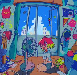  1girl antennae astronaut barefoot blonde_hair blue_shorts blue_sky building cable chair clear_sky clock crescent_moon desk drawing_(object) electric_fan fidget_spinner floating_hair highres indoors mikiwo_eko53 moon multicolored_hair notebook one_eye_closed original paper pen pillow pink_hair poster_(object) rocket shirt shorts sky snail_girl solo sticker stuffed_animal stuffed_toy teddy_bear two-tone_hair ufo wall_clock white_shirt wooden_floor 