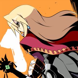  1boy armor blonde_hair cape closed_mouth dutch_angle earrings eyeshadow from_behind hair_between_eyes holding holding_scepter jewelry long_hair looking_ahead lowres makeup nanateru orange_background pov red_cape scepter sekaiju_no_meikyuu sekaiju_no_meikyuu_3 solo sovereign_(sekaiju) sovereign_3_(sekaiju) upper_body v-shaped_eyebrows yellow_eyeshadow 