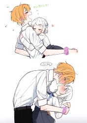  1boy 1girl adapted_costume belt black_pants black_skirt blue_eyes blue_ribbon blush braid closed_eyes collared_shirt cropped_jacket gakuen_idolmaster genderswap genderswap_(ftm) green_eyes grey_hair hair_ribbon half_up_braid half_updo hatsuboshi_gakuen_school_uniform hetero high-waist_skirt highres hug idolmaster jacket katsuragi_lilja multicolored_hair nervous orange_hair overskirt pants pleated_skirt ribbon ribbon_in_braid school_uniform scrunchie shirt shiun_sumika short_hair skirt sleeves_rolled_up streaked_hair white_jacket white_shirt white_streaks wrist_scrunchie yunomi_(yunomi1129) 