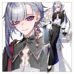  1boy belt black_gloves black_pants braid closed_mouth ear_piercing earrings eyelashes eyeshadow flower full_body gloves grey_hair hair_ornament half_gloves jewelry kogome_(azalea4) long_hair long_sleeves looking_at_viewer makeup male_focus multicolored_eyes original pants piercing rose shirt smile solo standing tassel twitter_username violet_eyes virtual_youtuber white_background white_flower white_rose white_shirt zoom_layer 