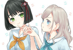  2girls aqua_neckerchief black_hair blue_dress blunt_bangs blunt_ends blush bob_cut breasts ceras_yanagida_lilienfeld closed_mouth commentary_request dress flower flower_knot fox_shadow_puppet green_eyes grey_hair hair_flower hair_ornament hair_ribbon hasu_no_sora_school_uniform long_hair looking_at_another love_live! love_live!_hasu_no_sora_jogakuin_school_idol_club medium_breasts mendo_(mend0o0) momose_ginko multiple_girls neckerchief open_mouth pink_flower pink_ribbon ribbon sailor_collar sailor_dress school_uniform short_hair short_sleeves simple_background smile summer_uniform upper_body virtual_youtuber white_background white_sailor_collar yellow_neckerchief 