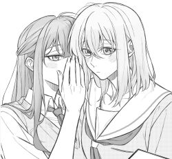  2girls bang_dream! bang_dream!_it's_mygo!!!!! braid chinese_commentary commentary_request greyscale hair_between_eyes half_up_braid haneoka_school_uniform highres long_hair medium_hair misumi_uika monochrome multiple_girls neckerchief necktie ra_reityalice sailor_collar school_uniform sidelocks simple_background sweater_vest togawa_sakiko whispering_in_ear white_background 
