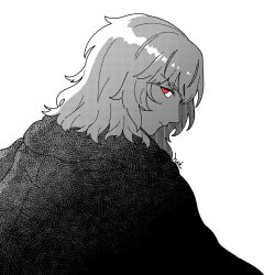  1boy coat commentary_request from_behind fur_coat hashikko69 highres looking_at_viewer looking_back male_focus medium_hair messy_hair monochrome overcoat red_eyes sidelocks simple_background solo tsukihime tsukihime_(remake) upper_body vlov_arkhangel 
