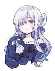  1girl bare_shoulders blue_dress bow collarbone dress dress_bow frilled_dress frilled_sleeves frills gothic_lolita hair_over_one_eye lolita_fashion long_hair long_sleeves looking_at_viewer mahou_shoujo_no_majo_saiban nakamochi24 natsume_an-an off-shoulder_dress off_shoulder one_eye_covered simple_background sleeve_bow sleeves_past_fingers sleeves_past_wrists solo upper_body violet_eyes white_background white_hair wide_sleeves 