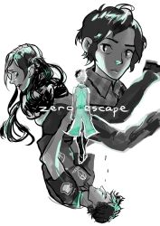  2boys 2girls aqua_jacket black_boots boots brianna_lei closed_mouth commentary copyright_name english_commentary flower from_behind hair_flower hair_ornament highres jacket junpei_(kyokugen_dasshutsu) kurashiki_akane kyokugen_dasshutsu kyokugen_dasshutsu:_9_jikan_9_nin_9_no_tobira kyokugen_dasshutsu_adv:_zennin_shibou_desu long_hair multiple_boys multiple_girls open_mouth phi_(kyokugen_dasshutsu) shirt short_hair short_sleeves sigma_(kyokugen_dasshutsu) simple_background sleeveless sleeveless_jacket spot_color teeth upper_teeth_only white_background white_hair 