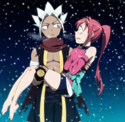  1boy 1girl aqua_bow aqua_sash arieko arm_wrap bad_id barefoot bike_shorts black_gloves black_pants black_shirt black_shorts black_vest bow breath brown_eyes carrying dark-skinned_male dark_skin detached_sleeves facial_mark fingerless_gloves gloves hair_intakes hakuouki_(arieko) hands_up long_hair looking_at_another night open_clothes open_vest original outdoors pants parted_lips pink_sleeves ponytail princess_carry red_scarf rin_(arieko) sash scarf shirt short_hair shorts sleeveless sleeveless_shirt snowing spiky_hair standing torn_clothes torn_scarf vest white_hair wide-eyed 
