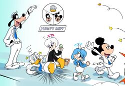  2girls 3boys @_@ aqua_eyes arona_(blue_archive) belt black_coat black_eyes black_serafuku black_skirt blazer blue_archive blue_halo blue_necktie blue_shirt bruise bruise_on_face coat collared_shirt commentary_request creammilk_tea crossover disney donald_duck east-west_crossover english_text eyes_visible_through_hair full_body furry furry_male furry_with_non-furry gloves goofy hair_over_one_eye halo hand_on_own_hip hat height_difference highres injury interspecies jacket korean_commentary long_hair long_sleeves looking_at_another lying mickey_mouse mickey_mouse_&amp;_friends multiple_boys multiple_girls neckerchief necktie on_back open_clothes open_coat open_jacket pants plana_(blue_archive) red_halo school_uniform serafuku shirt shoes short_hair sidelocks simple_background skirt standing toon_(style) torn_clothes torn_shirt walking walt_disney_(style) waving white_background white_belt white_gloves white_hair white_jacket white_neckerchief white_pants white_shirt white_shoes white_skirt 