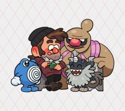  1boy :p ^_^ aged_down alt_text argyle_background banknote beanie beard_stubble black_hat blush boots brown_boots brown_hair closed_eyes commentary conkeldurr crossover east-west_crossover english_commentary facial_hair gravity_falls grunkle_stan hat holding holding_money horns l0verseyes long_sleeves male_focus mature_male money official_alternate_costume official_alternate_hair_color open_mouth perrserker pokemon pokemon_(creature) pokemon_team poliwhirl sharp_teeth short_hair smile stubble teeth thick_eyebrows tongue tongue_out twitter_username white_background 