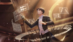  1boy beard black_pants bow bowtie brown_hair closed_eyes collared_shirt commentary conductor conductor_baton conner_(cytus) cytus cytus_ii eyepatch facial_hair highres holographic_interface mustache pants shirt solo tailcoat theater white_bow white_bowtie white_shirt wumang_xing 