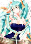  1girl artist_request bare_shoulders blue_hair breasts cleavage etwahl huge_breasts league_of_legends long_hair smile sona_buvelle tagme twintails yellow_eyes 