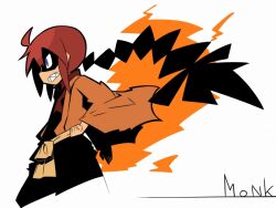  1girl black_pants blue_eyes braid character_name clenched_hand clenched_teeth cowboy_shot long_hair monk_(sekaiju) monk_4_(sekaiju) pants profile raigou red_hair red_shirt sekaiju_no_meikyuu sekaiju_no_meikyuu_3 shaded_face sharp_teeth shirt sidelocks single_braid solo teeth white_background 