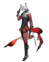  1boy absurdres belt bishounen black_gloves blue_eyes closed_mouth coat commentary_request dante_(devil_may_cry) devil_may_cry_(series) devil_may_cry_2 ebony_&amp;_ivory gloves gun hair_over_one_eye highres holding male_focus rebellion_(sword) red_coat riio short_hair simple_background solo standing sword weapon weapon_on_back white_hair 