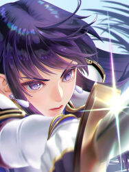  armor ayra_(fire_emblem) closed_mouth earrings fire_emblem fire_emblem:_genealogy_of_the_holy_war highres holding holding_sword holding_weapon jewelry light_rays lips long_hair purple_hair shining shoulder_armor simple_background solo_focus sword user_yven3458 violet_eyes weapon 