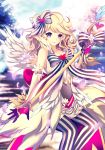  1girl astar_gate blonde_hair gloves heart long_hair purple_eyes ribbon smile solo striped_legwear thighhighs vertical_stripes wings 