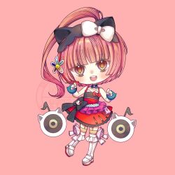  1girl :d animal_ears black_bow blunt_bangs blush boots bow bracelet cat_ears chibi chibi_only detached_collar dress dress_bow fake_animal_ears footwear_bow full_body garter_straps hair_bow headset hello_kitty hello_kitty_(character) high_side_ponytail jewelry long_hair looking_at_viewer nekomura_iroha nekomura_iroha_(vocaloid4) nounonovember open_mouth paw_pose pink_background pink_bow pink_hair red_bow red_dress sanrio side_ponytail simple_background sleeveless sleeveless_dress smile solo speaker standing standing_on_one_leg teeth thigh-highs thigh_boots upper_teeth_only vocaloid watermark white_boots white_bow yellow_eyes yellow_thighhighs 