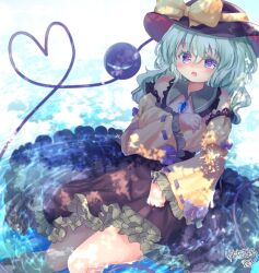  1girl adapted_costume black_hat blue_eyes bow breasts buttons commentary_request detached_sleeves diamond_button disembodied_linked_eye eyeball frilled_skirt frilled_sleeves frills green_hair green_skirt hair_between_eyes hat hat_bow heart heart-shaped_pupils heart_of_string highres kemo_chiharu komeiji_koishi long_hair long_sleeves looking_at_viewer medium_breasts open_mouth ribbon-trimmed_sleeves ribbon_trim ripples shirt signature sitting skirt solo symbol-shaped_pupils touhou water wide_sleeves yellow_bow yellow_shirt 