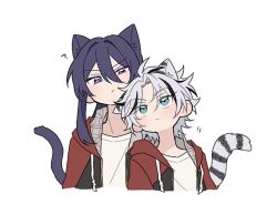  2boys ? animal_ears blue_eyes cat_boy cat_ears cat_tail closed_mouth commentary_request cropped_torso curtained_hair double-parted_bangs drawstring ensemble_stars! frown grey_hair hair_between_eyes hair_intakes half-closed_eyes jacket kanzaki_souma ki_nomi_3 leaning_on_person long_hair looking_at_viewer looking_up male_focus motion_lines multiple_boys no_nose nuzzle open_clothes open_jacket parted_bangs ponytail purple_hair red_jacket shippou_(pattern) shirt short_hair sidelocks simple_background tail taki_ibuki tiger tiger_boy tiger_ears tiger_tail track_jacket v-shaped_eyebrows violet_eyes white_background white_shirt white_tiger 