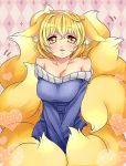  1girl alternate_costume animal_ears argyle argyle_background bare_shoulders blonde_hair blush breasts cleavage collarbone ears_down fox_ears fox_tail heart ibarashiro_natou large_breasts long_hair long_sleeves looking_at_viewer multiple_tails naked_sweater off_shoulder open_mouth solo sweater tail touhou very_long_hair yakumo_ran yellow_eyes 