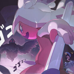  1girl 2ho absurdres black_hair blush_stickers commentary corviknight dress eyelashes gloves grin highres jacket long_sleeves menacing_(jojo) open_clothes open_jacket pantyhose pokemon pokemon_(creature) pokemon_scarlet_and_violet poppy_(pokemon) short_hair smile standing teeth tinkaton yellow_pantyhose 
