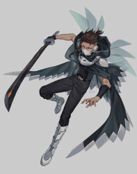  1boy armor armored_boots black_pants black_shirt boots brown_hair cape commentary_request cytus cytus_ii dark_skin full_body gloves grey_background highres holding holding_sword holding_weapon itsuya_(daystar) low-tied_sidelocks mask mouth_mask pants sagar_(cytus) shirt shoulder_armor sidelocks simple_background single_glove single_sidelock solo sword undercut weapon yellow_eyes 