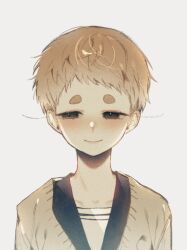  1girl adashino_adami black_eyes brown_hair commentary_request english_commentary grey_background highres homicipher korean_commentary mixed-language_commentary portrait school_uniform serafuku short_hair simple_background solo sweater sweeeet_him very_short_hair 