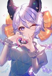  1girl animal_ears beads bow breasts closed_mouth dress erune granblue_fantasy hair_beads hair_between_eyes hair_bow hair_ornament hands_up heart heart_hands highres juliet_sleeves kogome_(azalea4) long_hair long_sleeves looking_at_viewer medium_breasts one_eye_closed puffy_sleeves purple_hair ribbon satyr_(granblue_fantasy) simple_background solo twintails twitter_username upper_body violet_eyes white_background 
