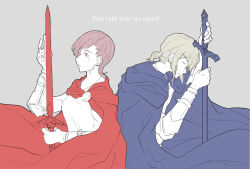  1boy 1girl arm_armor blonde_hair blue_cape cape cherry_(cytus) closed_eyes commentary_request cytus cytus_ii english_text grey_background highres holding holding_sword holding_weapon pink_eyes pink_hair red_cape rinhoshi903 simon_jackson sword tears weapon 