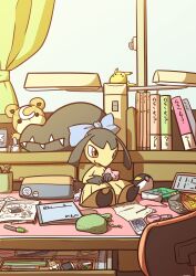  773mimisuke bag bag_of_chips book chair character_doll curtains desk diglett doll drawer earphones earphones eevee eraser goomy highres lamp manga_(object) mawile mp3_player open_drawer orange_eyes paper pencil pencil_case pikachu poke_ball pokemon pokemon_(creature) ruler sitting solo teddiursa ultra_ball window 
