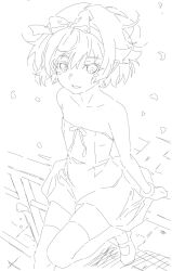  1girl against_railing arm_support bare_arms bare_shoulders blush_stickers bob_cut bow_hairband bracelet collarbone commentary_request dress dress_ribbon falling_petals flat_chest foot_out_of_frame from_above from_side greyscale hair_between_eyes hair_flaps hairband highres jewelry knee_up kuroisisasami lineart looking_at_viewer mary_janes monochrome monogatari_(series) open_mouth oshino_shinobu outdoors outstretched_leg petals pointy_ears railing ringed_eyes shoes short_dress short_hair sidelocks smile solo strapless strapless_dress thigh-highs zettai_ryouiki 