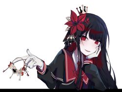  1girl armband black_border black_capelet black_hair black_shirt border capelet collared_shirt crown flower gloves hair_flower hair_ornament head_on_hand highres holding holding_key key long_hair long_sleeves looking_at_viewer mahou_shoujo_no_majo_saiban mini_crown necktie nikaido_hiro red_armband red_eyes red_flower red_necktie shirt side_capelet simple_background smile solo taiykitubuan upper_body white_background white_gloves white_shirt 