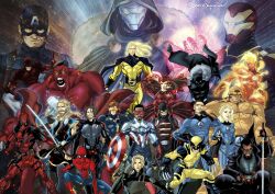  absurdres armor avengers:_doomsday avengers_(series) beard ben_grimm black_hair black_panther_(marvel) blade_(marvel) blind blue_bodysuit bodysuit bucky_barnes captain_america character_logo claw_(weapon) cyclops_(x-men) daredevil daredevil_(series) deadpool_&amp;_wolverine deadpool_(series) doctor_doom facial_hair fantastic_four gloves green_hood highres holding holding_weapon horned_mask horns human_torch infinity_gems iron_man iron_man_(series) john_walker_(marvel) johnny_storm long_hair looking_at_viewer male_focus marvel mask metal_mask multicolored_armor multicolored_bodysuit multiple_boys muscular muscular_male partially_invisible power_armor red_armor red_bodysuit red_mask red_tiara reed_richards rock_skin samrwilloughby scarlet_witch sentry_(marvel) spider-man spider-man_(series) striped_bodysuit sue_storm superhero_costume the_incredible_hulk_(series) thor_(marvel) thunderbolts_(movie) tony_stark two-tone_bodysuit wanda_maximoff weapon wolverine_(x-men) x-men yelena_belova yellow_armor yellow_bodysuit 