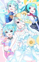  4girls absurdres aqua_eyes aqua_hair arm_up arm_warmers black_collar blonde_hair blue_hair blue_shirt blush bow breasts brown_hat cleavage_cutout closed_mouth clothing_cutout collar collared_shirt colored_tips commentary_request crop_top crown deco_miku detached_sleeves double-parted_bangs dress fingerless_gloves fingernails fishnet_pantyhose fishnets flower frilled_shirt frills gloves gradient_hair green_eyes green_hair hair_between_eyes hair_ornament hand_up hat hat_bow hat_flower hat_ornament hatsune_miku headset heart heart_cutout hello_(deco27) highres jewelry ketyara leaf_hat_ornament long_hair long_sleeves looking_at_viewer magical_mirai_(vocaloid) magical_mirai_miku magical_mirai_miku_(2026) medium_breasts midriff mini_crown multicolored_hair multiple_girls one_eye_closed open_mouth pantyhose pink_hair pink_shorts pink_sleeves pokemon project_voltage ring shirt shorts sleeveless sleeveless_dress sleeveless_shirt smile solo spiked_collar spikes star_(symbol) star_hair_ornament streaked_hair sunflower suspenders tilted_headwear twintails upper_body very_long_hair virtual_youtuber vocaloid white_bow white_dress white_gloves white_shirt yellow_eyes yellow_flower 