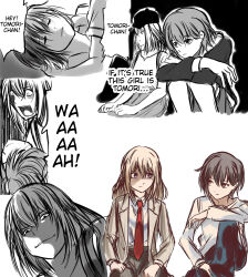  2girls bang_dream! bang_dream!_it's_mygo!!!!! brown_eyes brown_jacket commentary_request evil_grin evil_smile grey_hair grin highres jacket long_sleeves medium_hair misumi_uika multiple_girls necktie red_necktie seine_(hanamukes) shirt short_hair smile takamatsu_tomori violet_eyes white_shirt 
