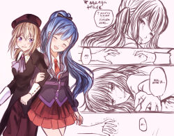  2girls ascot bang_dream! bang_dream!_it's_mygo!!!!! beret black_shirt blonde_hair blue_hair closed_eyes commentary_request crying crying_with_eyes_open hair_ribbon half_updo hat highres logo long_hair long_sleeves medium_hair misumi_uika multiple_girls necktie parody_request parted_lips purple_ascot red_hat red_necktie red_skirt ribbon seine_(hanamukes) shirt skirt tears togawa_sakiko trembling violet_eyes white_shirt 