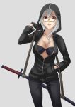  1girl black_gloves bra breasts glasses gloves hand_in_pocket highres hoodie looking_at_viewer open_clothes open_shirt original red_eyes scabbard seven_(11) sheath silver_hair smile solo sword underwear weapon 