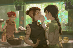  1girl 2boys absurdres black_pants black_shirt blush bottle braid brown_hair brown_shirt cake cream cream_on_face cytus cytus_ii dress food food_on_face glass glasses green_dress green_eyes highres multiple_boys naughty_face pants pie red_hair rin_(cytus) sagar_(cytus) shirt shoulder_tattoo sleeveless sleeveless_shirt spiky_hair spongeman9214 sweatdrop tattoo two-tone_dress undercut white_dress wiping_another's_face yellow_eyes 