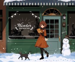 1girl ankle_boots arisa_(aren) artist_name bag black_boots black_cat black_gloves black_pantyhose blue_eyes boots brown_hair building cat closed_mouth coat coat_dress door door_handle dress english_text fur-trimmed_coat fur_trim gloves hat holding holding_bag lamp open_sign original outdoors pantyhose shop short_hair shoulder_bag smile snowing snowman sparkle standing standing_on_one_leg star_(symbol) stick straight_hair top_hat window 