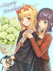  2girls absurdres ahoge bandou_(tm5525) birthday_sash black_dress black_hair black_shirt blonde_hair cardigan cho_kaguya-hime! commentary_request dress eyewear_on_head green_eyes highres kaguya_(cho_kaguya-hime!) long_hair medium_hair multiple_girls open_mouth red_cardigan red_eyes sakayori_iroha sakayori_iroha_(roka's_birthday) shirt star-shaped_eyewear star_(symbol) tearing_up wavy_mouth 