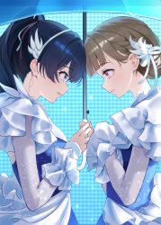  2girls 6th_live_dream_~bloom_garden_party~ absurdres blue_background blue_dress blue_ribbon blurry blurry_background brown_hair closed_mouth commentary_request dollchestra dress enu_illustip eye_contact frilled_dress frills hair_ribbon highres holding holding_umbrella icy_(love_live!) kachimachi_kosuzu light_smile long_sleeves looking_at_another love_live! love_live!_hasu_no_sora_jogakuin_school_idol_club multiple_girls murano_sayaka ponytail red_ribbon ribbon shared_umbrella short_hair translation_request umbrella umbrella_(love_live!) upper_body virtual_youtuber white_ribbon 