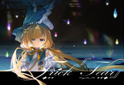  1girl absurdres aiguillette artist_name beret blonde_hair bow commentary crystal detached_sleeves dress frilled_dress frilled_sleeves frills gear_hair_ornament hair_bow hair_ornament hair_over_one_eye hat highres long_hair looking_at_viewer maimai_(game) neck_ribbon orange_ribbon ribbon ris_(maimai) see-through_hair signature sleeveless sleeveless_dress solo title trypan_blue twintails twitter_username upper_body white_dress white_hat 