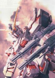  artist_request cover cover_page gatling_gun green_eyes gun gundam gundam_unicorn highres machine_gun mecha mecha_focus mobile_suit no_humans official_art painting_(medium) realistic robot scan science_fiction traditional_media unicorn_gundam v-fin weapon 