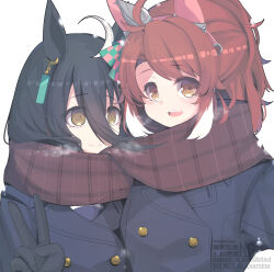  2girls ahoge animal_ears black_gloves black_hair blue_coat bow bowtie breasts brown_eyes brown_hair brown_scarf brown_sweater buttons checkered_ribbon closed_mouth coat dantsu_flame_(umamusume) double-breasted ear_covers ear_ribbon ear_tag earrings gloves hair_between_eyes hairband highres horse_ears horse_girl jewelry legion_(fox3498) long_bangs long_hair long_hair_between_eyes long_sleeves manhattan_cafe_(umamusume) multicolored_hair multiple_girls open_mouth pink_hairband purple_sailor_collar red_scarf sailor_collar scarf school_uniform shirt single_earring smile sweater tracen_school_uniform tracen_winter_coat umamusume white_bow white_bowtie white_hair winter_clothes winter_coat winter_uniform yellow_eyes 
