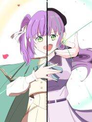  1girl beret black_hat cape collared_dress commentary_request contrast_collar cowboy_shot cropped_jacket dream_believers dress green_cape green_eyes hair_ribbon hana_sakeba_yume_kakeru hand_on_own_chest hat highres jacket looking_at_viewer love_live! love_live!_hasu_no_sora_jogakuin_school_idol_club love_live!_hasu_no_sora_jogakuin_school_idol_club_bloom_garden_party lyrics mifukuzawa otomune_kozue pants pink_dress ribbon side_cape side_ponytail sidelocks sleeveless sleeveless_jacket solo split_theme virtual_youtuber white_jacket white_pants white_ribbon 